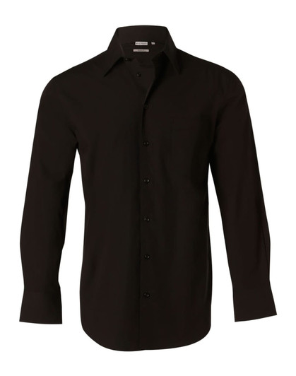 A black long-sleeve button-up shirt made of cotton and polyester with a logo on it.
