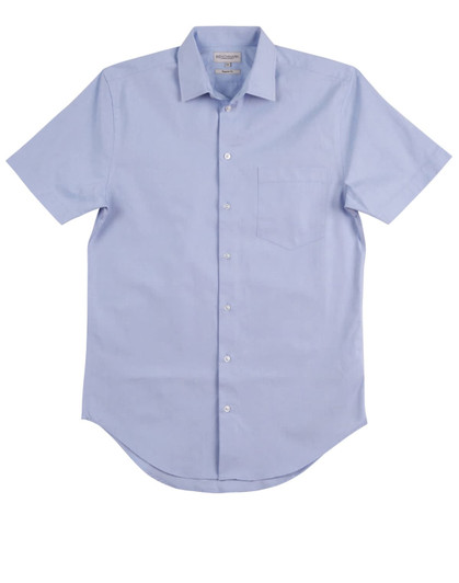 A short sleeve, button-up shirt in light blue with a pocket and a subtle logo.