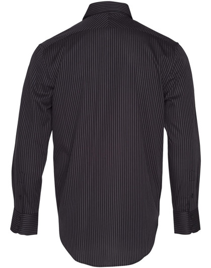 Men's long sleeve button-up shirt in black with a dobby stripe pattern, featuring a collar and button cuffs. Includes a logo.
