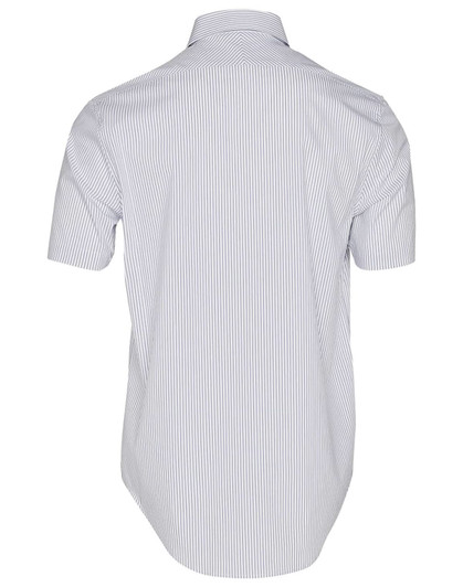 A men's short-sleeve button-up shirt in white with navy ticking stripes, featuring a standard collar and a logo.