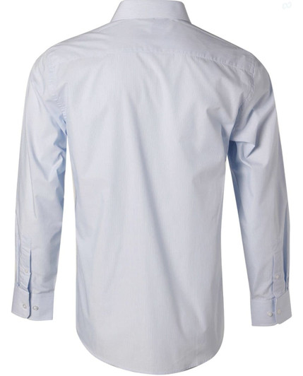 A light blue long sleeve button-up shirt with fine stripes and a back view, featuring a logo on the label.
