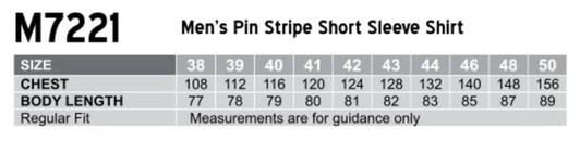 A table displaying size measurements for a men's pin stripe short sleeve shirt, including chest and body length dimensions.