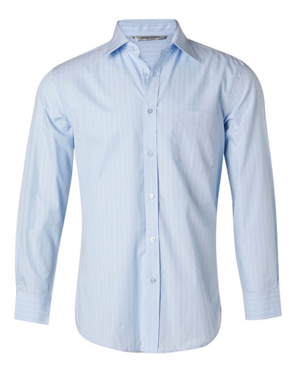 A light blue long sleeve button-up shirt with pin stripes and a chest pocket. It features a logo on the collar.