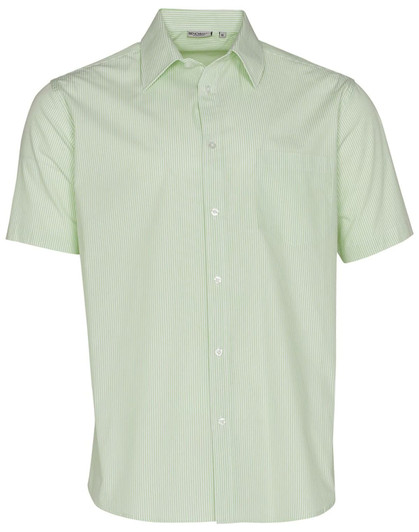 A green striped button-up shirt with short sleeves and a single chest pocket. Features a logo.