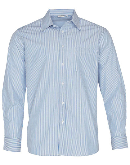 A light blue long sleeve button-up shirt featuring vertical stripes and a logo.