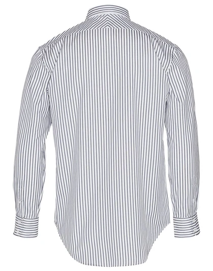 A back view of a men's long sleeve button-up shirt featuring sateen stripes in white and navy. The shirt has a collar and cuffs.