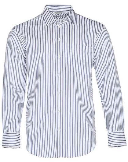 A long sleeve button-up shirt featuring blue and white sateen stripes, with a pocket and a branded logo.