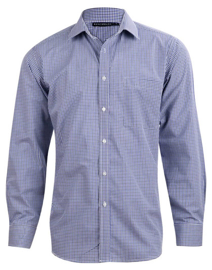 A men's long-sleeve button-up shirt in a navy and white two-tone check pattern, featuring a chest pocket and a logo.