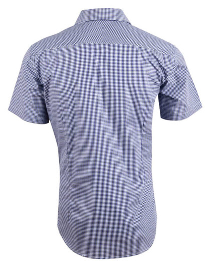 Men's short-sleeve button-up shirt in a blue and white two-tone check pattern, featuring a branded logo.