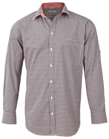 A men's black and white gingham check roll-up long sleeve shirt with a contrasting inner collar. Features a chest pocket and logo.