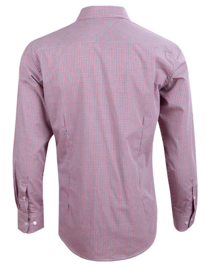 A men's long-sleeve shirt in a two-tone mini check pattern, featuring shades of red and white with a logo.