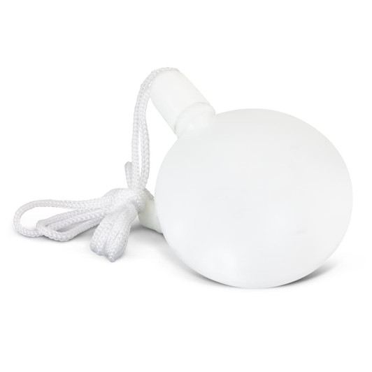 A round, white bubble kit featuring a built-in string for easy carrying.