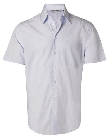 A light blue short-sleeve button-up shirt with a pocket and a logo on the collar.