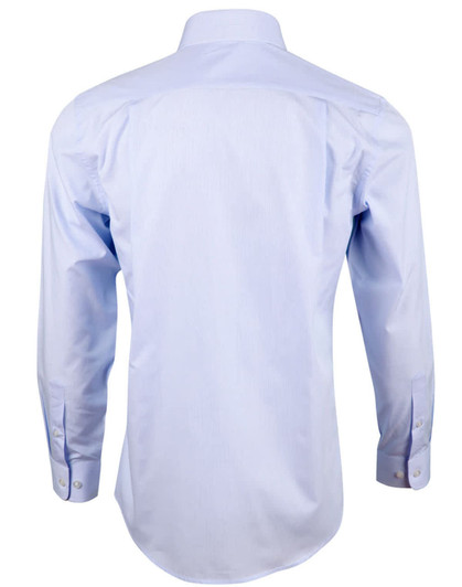 A light blue premium cotton long sleeve shirt with a mini check pattern and button-up details on the sleeves.
