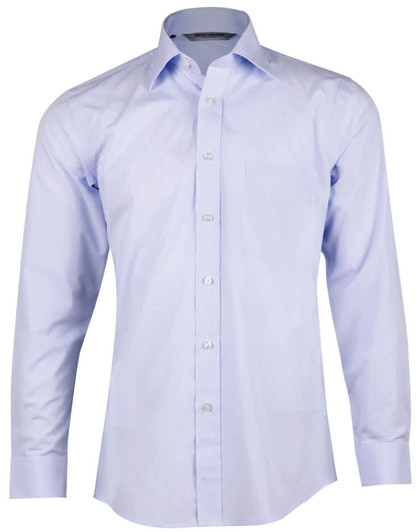 A light blue, long sleeve button-up shirt made from premium cotton with a single chest pocket.