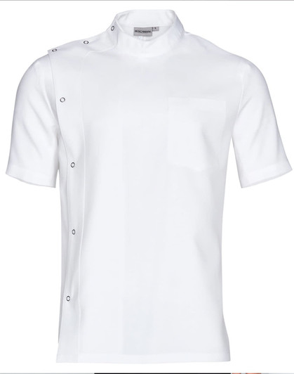 A short sleeve jacket in white with stud detail along one side and a chest pocket. It features branding on the collar.