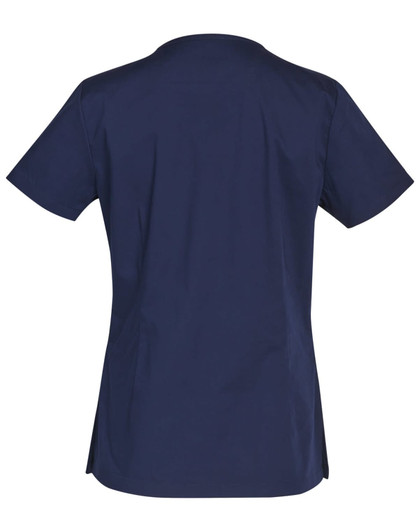 A navy women's scrub top with short sleeves and a fitted design, featuring contrast colour accents.