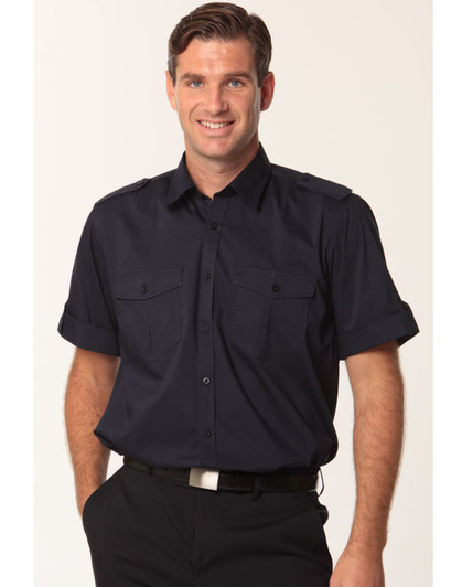 A men's short sleeve military shirt in navy with two front pockets and shoulder epaulettes, featuring a logo.