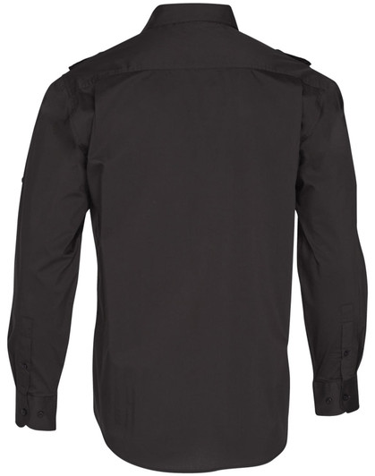 A black long sleeve military shirt featuring a button-up design and shoulder epaulets, with a logo on the sleeve.