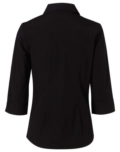 A black women's cotton/poly stretch shirt with 3/4 sleeves and a collar, featuring a smooth back design.