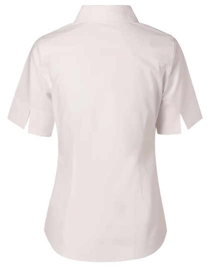 A light-coloured women's short-sleeve button-up cotton/poly stretch shirt with a simple back design.