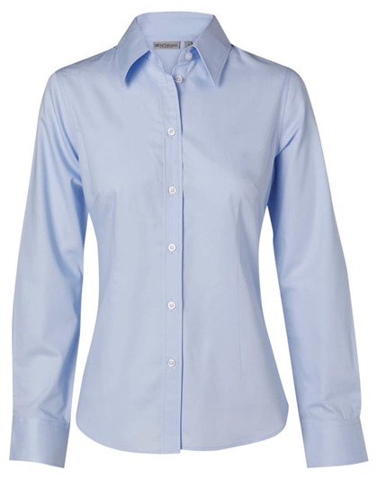 A light blue women's fine twill long-sleeve button-up shirt with a collar and buttons. Features branding.