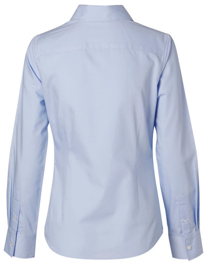 A light blue women's long sleeve button-up shirt with a collar and buttoned cuffs, featuring a logo on the back.