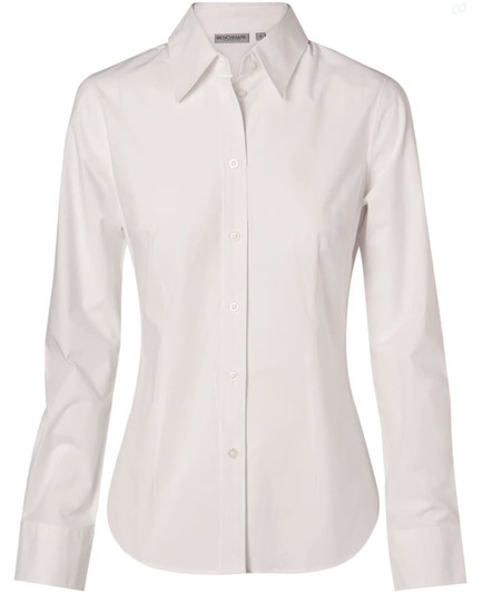 A white women's fine twill long sleeve button-up shirt with a collar and logo on the label.