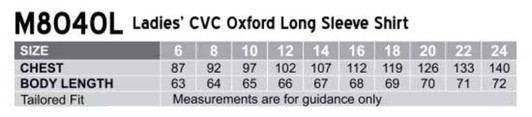 A table listing sizes and measurements for a women's CVC Oxford long sleeve shirt in tailored fit.