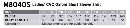 A chart displaying size measurements for a women's CVC Oxford short sleeve shirt in tailored fit.