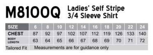 A table displaying size measurements for a women's self stripe 3/4 sleeve button-up shirt in various sizes.