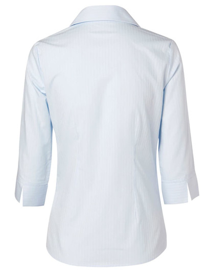 A light blue women's self-stripe button-up shirt with 3/4 sleeves, featuring a back view and a collar.