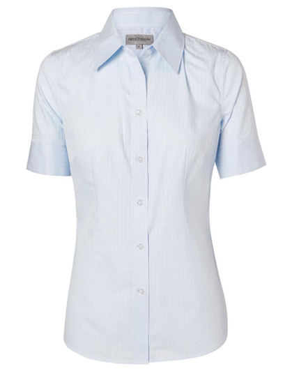 A light blue women's self-stripe short-sleeve button-up shirt with a collar and branding.