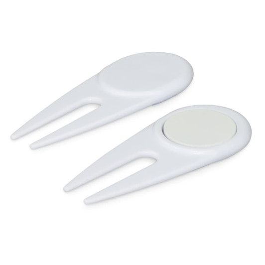 A white golf divot repairer with a built-in marker, featuring a sleek, functional design.