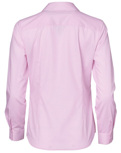 A pink long-sleeve button-up shirt featuring a dobby striped pattern and a brand logo.