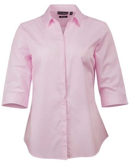 A pink button-up shirt with 3/4 sleeves and a logo on the collar.