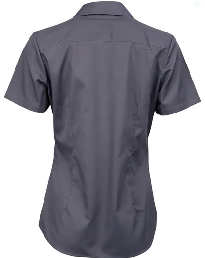 A short-sleeved button-up shirt in dark grey with a fitted silhouette and a subtle striped pattern.