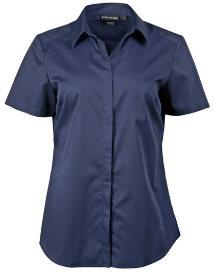 A navy blue short-sleeved button-up shirt with a collar and a logo.