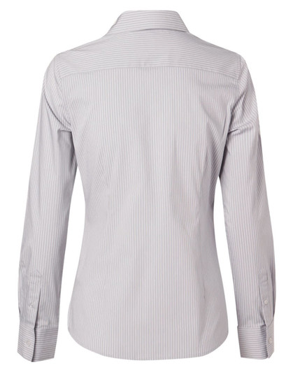 A women's long-sleeve button-up shirt in light blue and white ticking stripes, featuring a collar and back yoke.