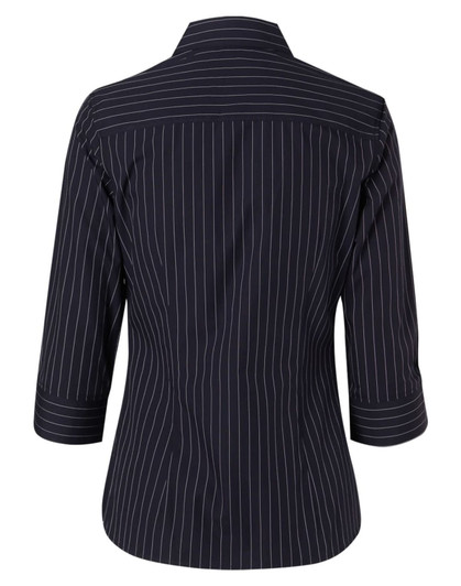A women's navy pinstripe button-up shirt featuring 3/4 sleeves and a collar, with a logo present on the design.