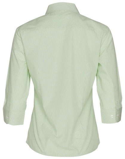 A green and white striped women's button-up shirt with 3/4 sleeves and a collar, featuring a logo.