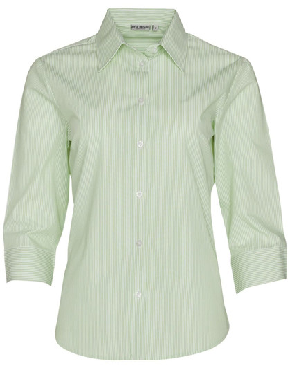 A green striped 3/4 sleeve button-up shirt featuring a collar and a logo on the label.