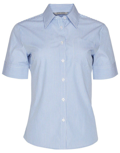 A blue and white striped women's short sleeve button-up shirt featuring a collar and a logo.