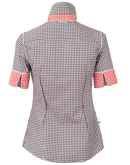 A black and white gingham check short sleeve shirt with a contrasting red check collar and cuffs. Features a branding logo.