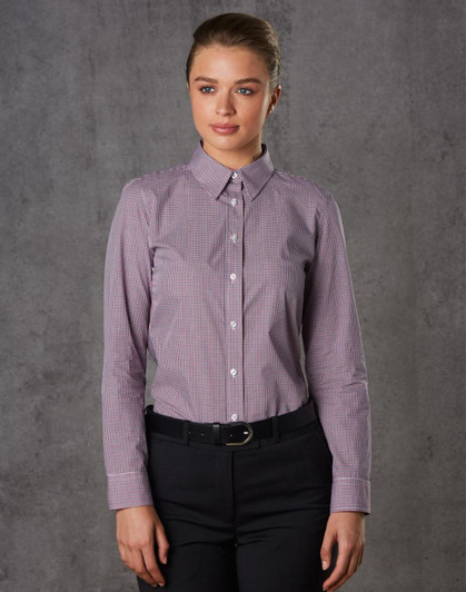 A long-sleeve, button-up shirt featuring a two-tone mini check pattern in purple and white. The shirt has a collar and a logo.