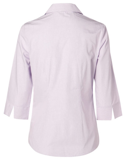 A light purple women's mini check 3/4 sleeve button-up shirt with a collar and a logo.