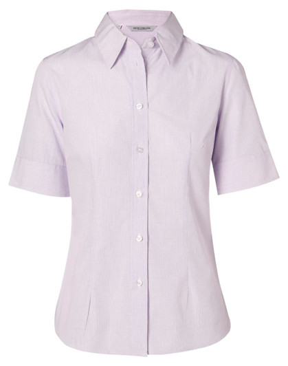 A women's short-sleeved button-up shirt in a light lavender mini check pattern, featuring a collar and a fitted silhouette.