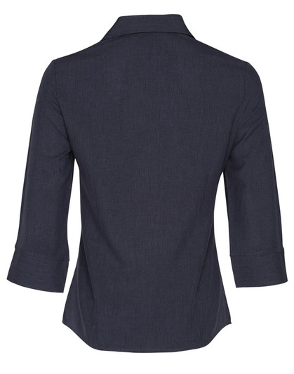 A dark navy women's 3/4 sleeve shirt featuring a collared design and rolled sleeves, with a logo on the back.
