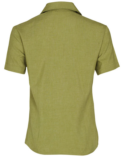 A women's short sleeve shirt in a light green fabric, featuring a collar and a plain back design.