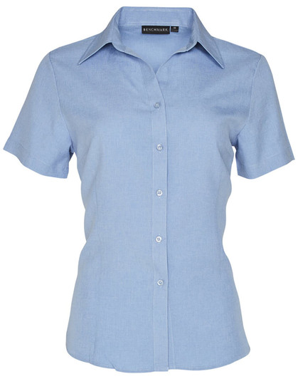 A blue short sleeve women's shirt with a collar and button-down front, featuring a logo.